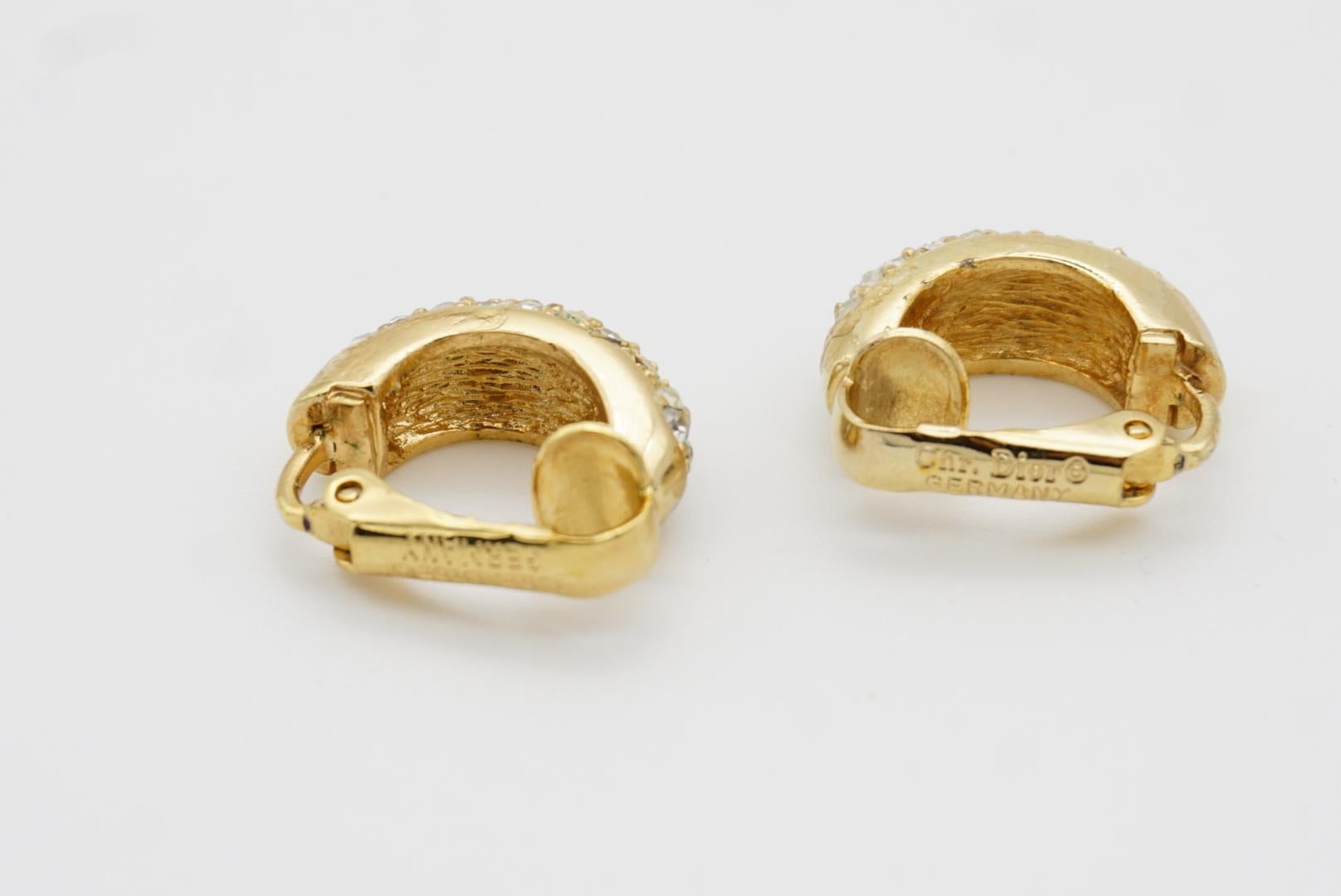 Christian Dior Vintage 1980s Whole Crystals Half Hoop Huggie Clip Gold Earrings 9