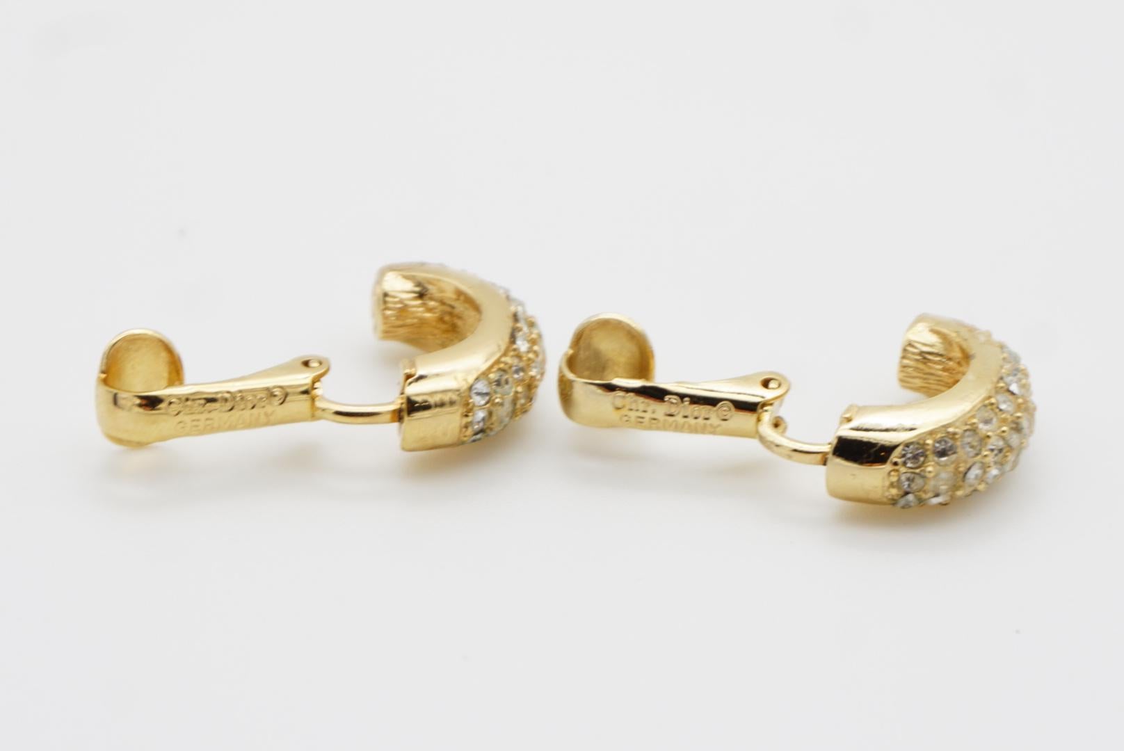 Christian Dior Vintage 1980s Whole Crystals Half Hoop Huggie Clip Gold Earrings 10