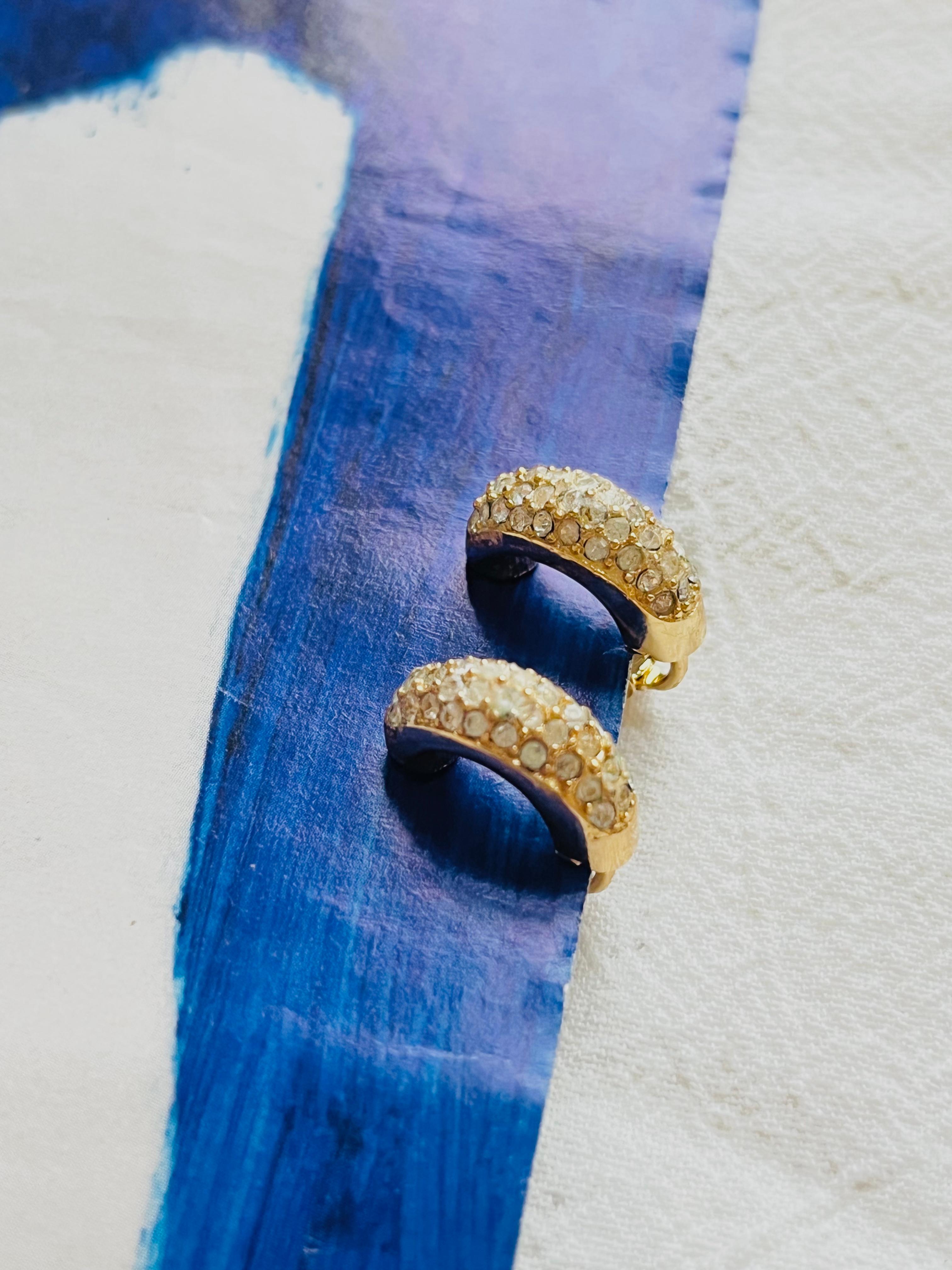 Women's or Men's Christian Dior Vintage 1980s Whole Crystals Half Hoop Huggie Clip Gold Earrings
