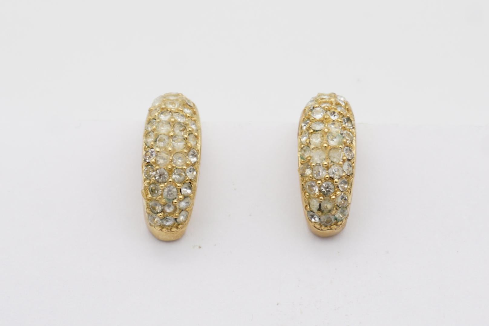 Christian Dior Vintage 1980s Whole Crystals Half Hoop Huggie Clip Gold Earrings For Sale 4