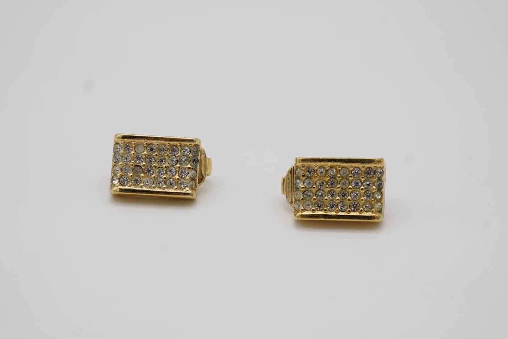 Christian Dior Vintage 1980s Whole Crystals Rectangle Gold Clip On Earrings For Sale 2