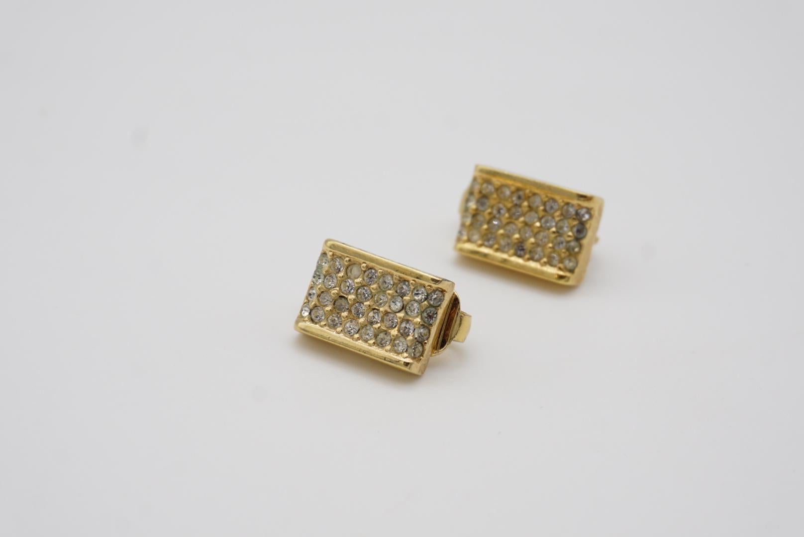 Christian Dior Vintage 1980s Whole Crystals Rectangle Gold Clip On Earrings For Sale 3