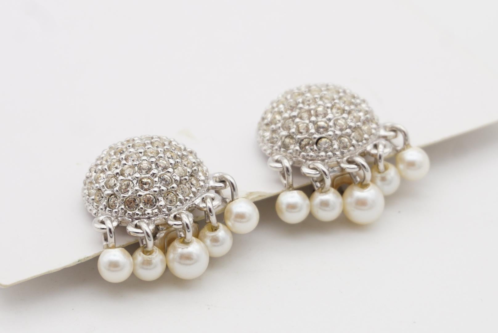 Christian Dior Vintage 1980s Whole Crystals Round Tassel Pearls Clip Earrings For Sale 5