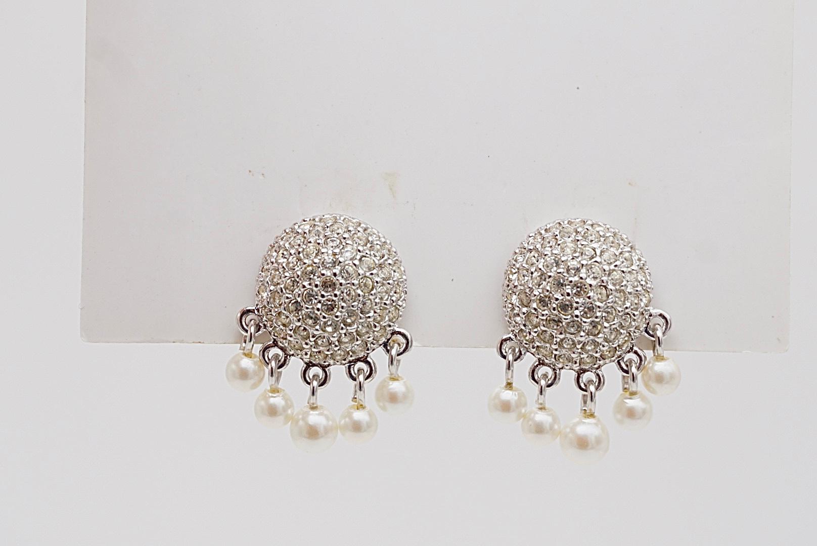Christian Dior Vintage 1980s Whole Crystals Round Tassel Pearls Clip Earrings For Sale 6