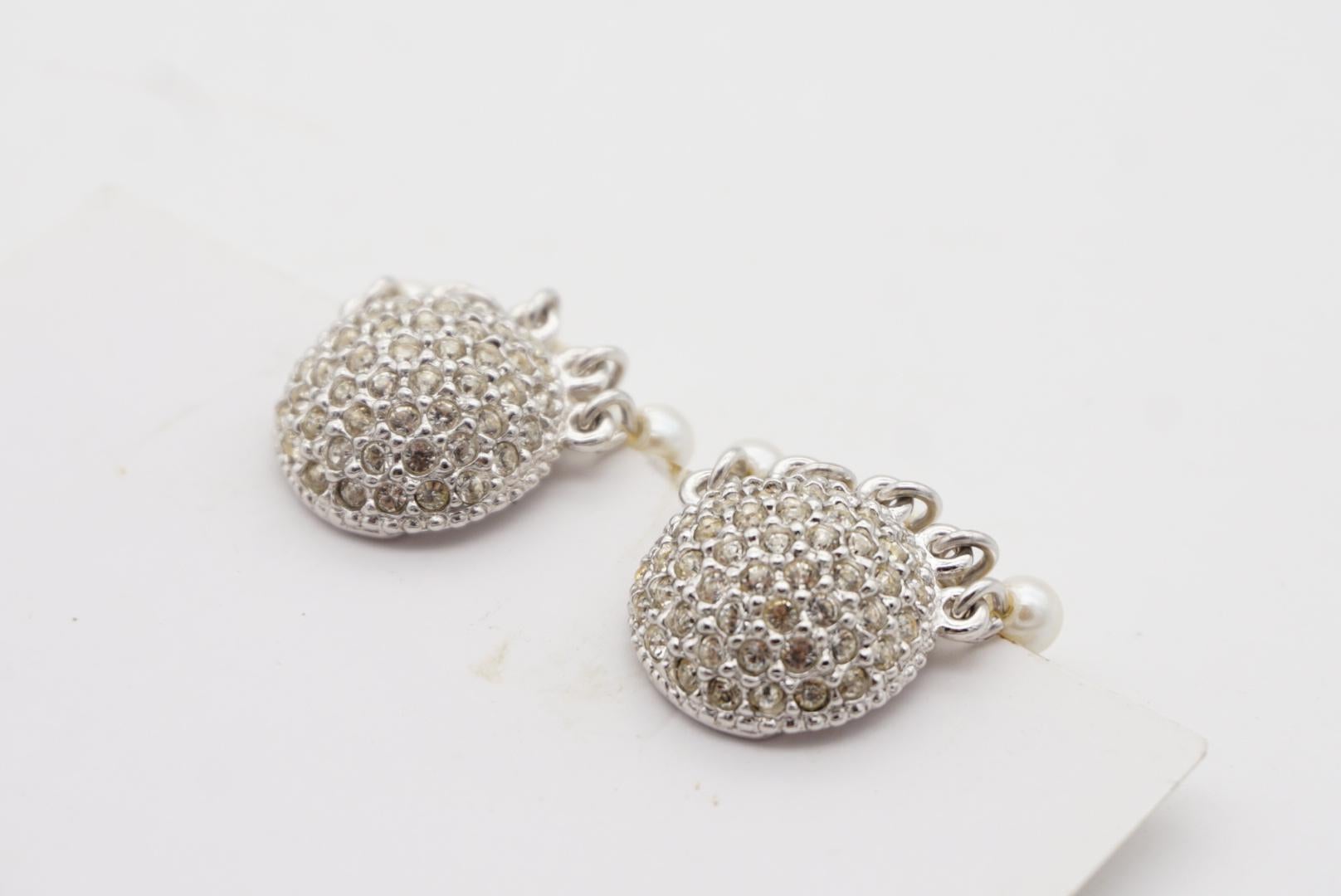 Christian Dior Vintage 1980s Whole Crystals Round Tassel Pearls Clip Earrings For Sale 6