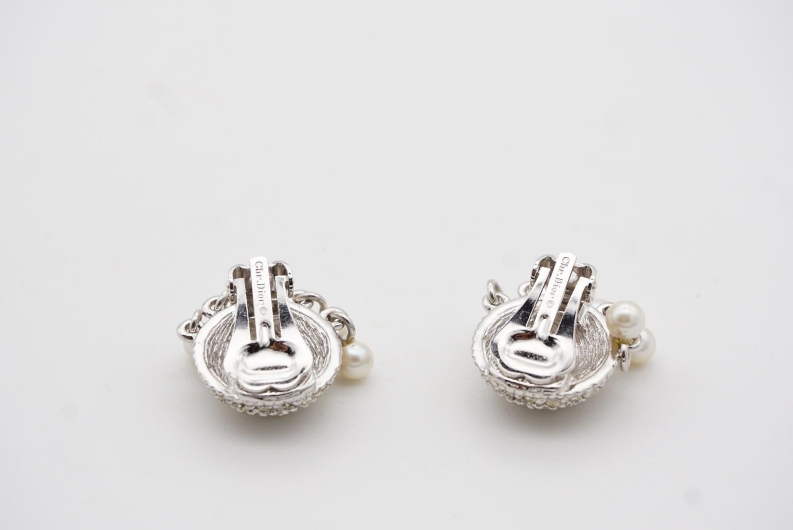 Christian Dior Vintage 1980s Whole Crystals Round Tassel Pearls Clip Earrings For Sale 8