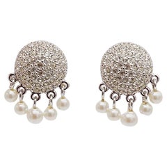 Christian Dior Vintage 1980s Whole Crystals Round Tassel Pearls Clip Earrings