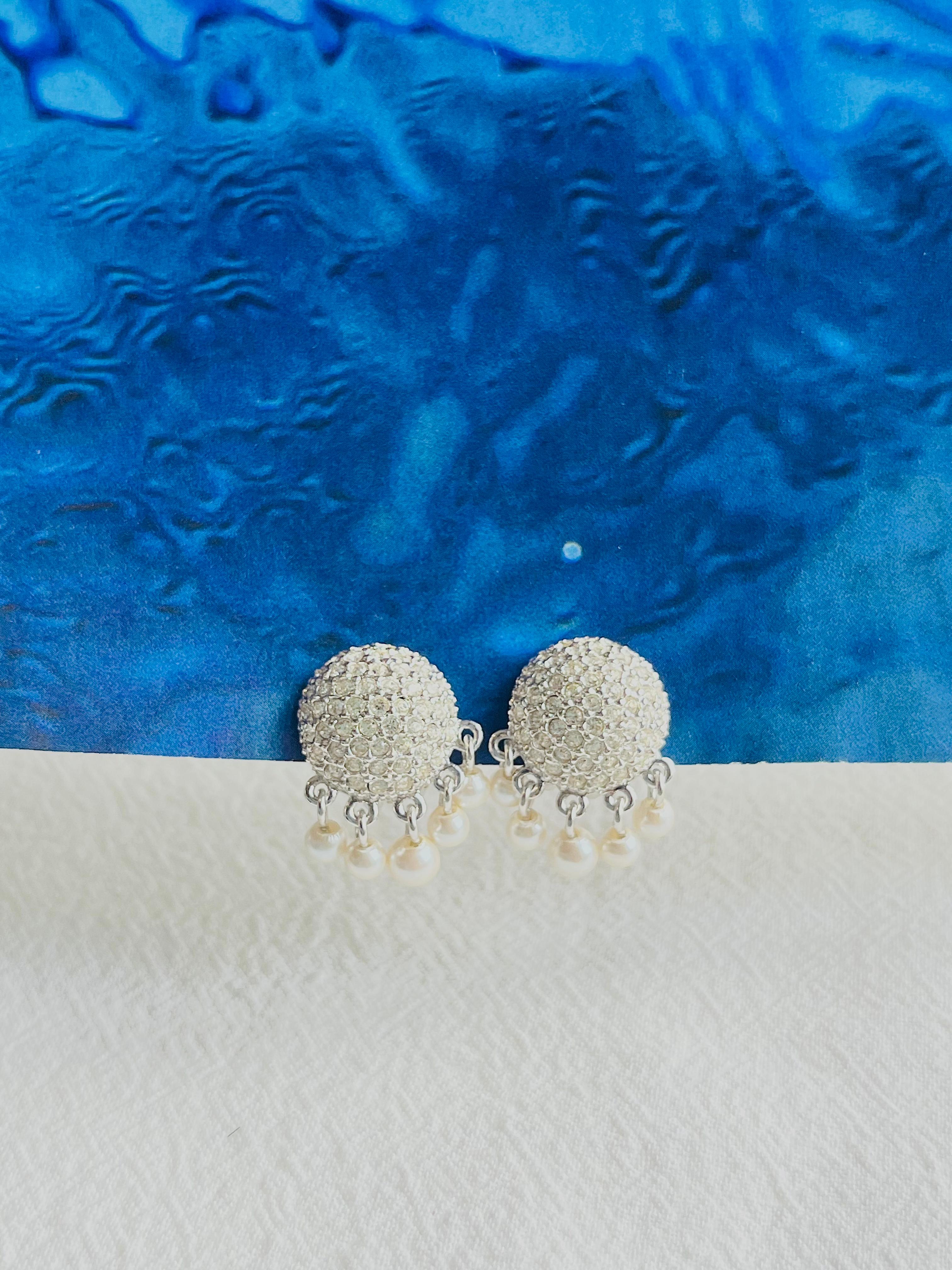 Art Deco Christian Dior Vintage 1980s Whole Crystals Round Tassel Pearls Clip Earrings For Sale