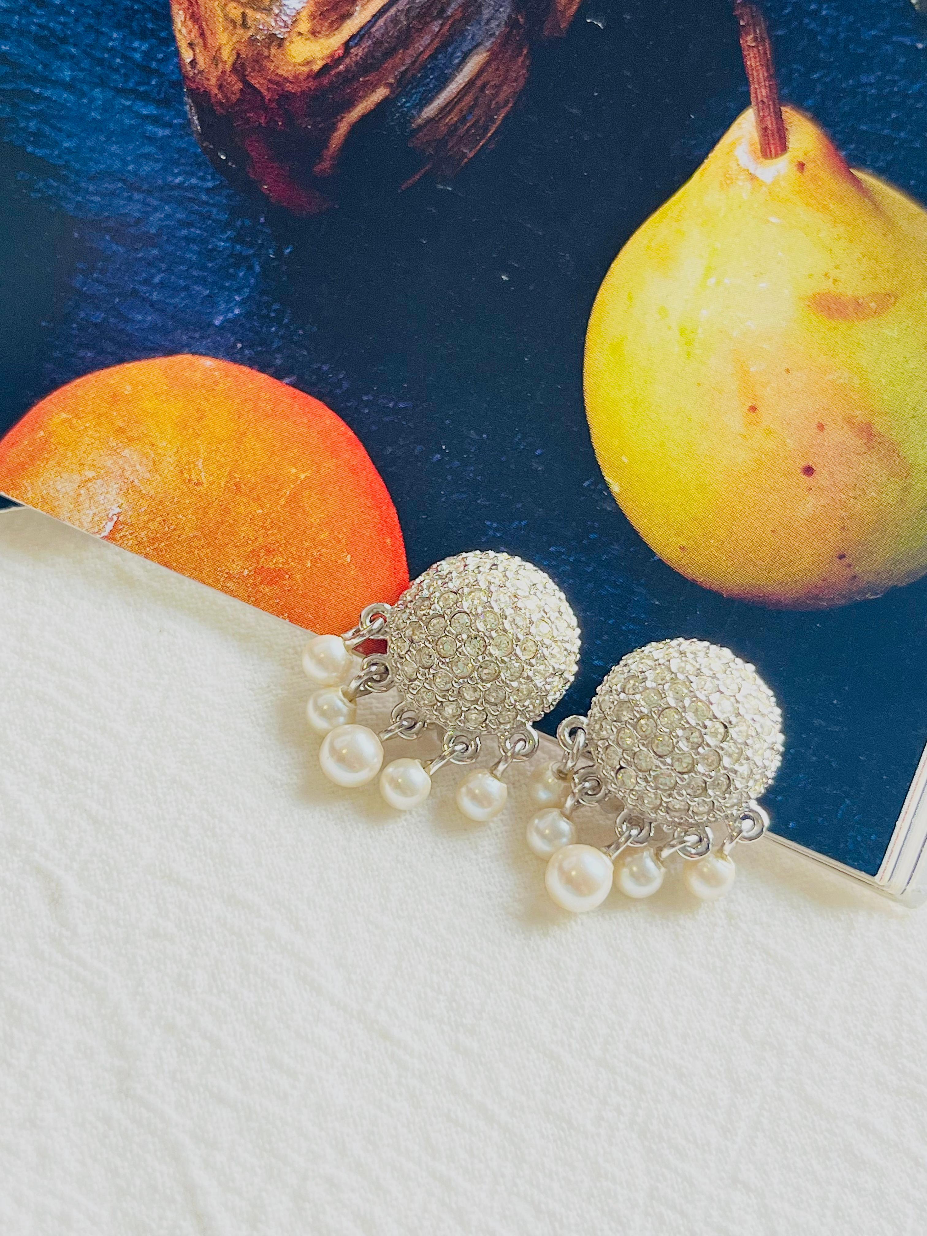 Women's or Men's Christian Dior Vintage 1980s Whole Crystals Round Tassel Pearls Clip Earrings For Sale