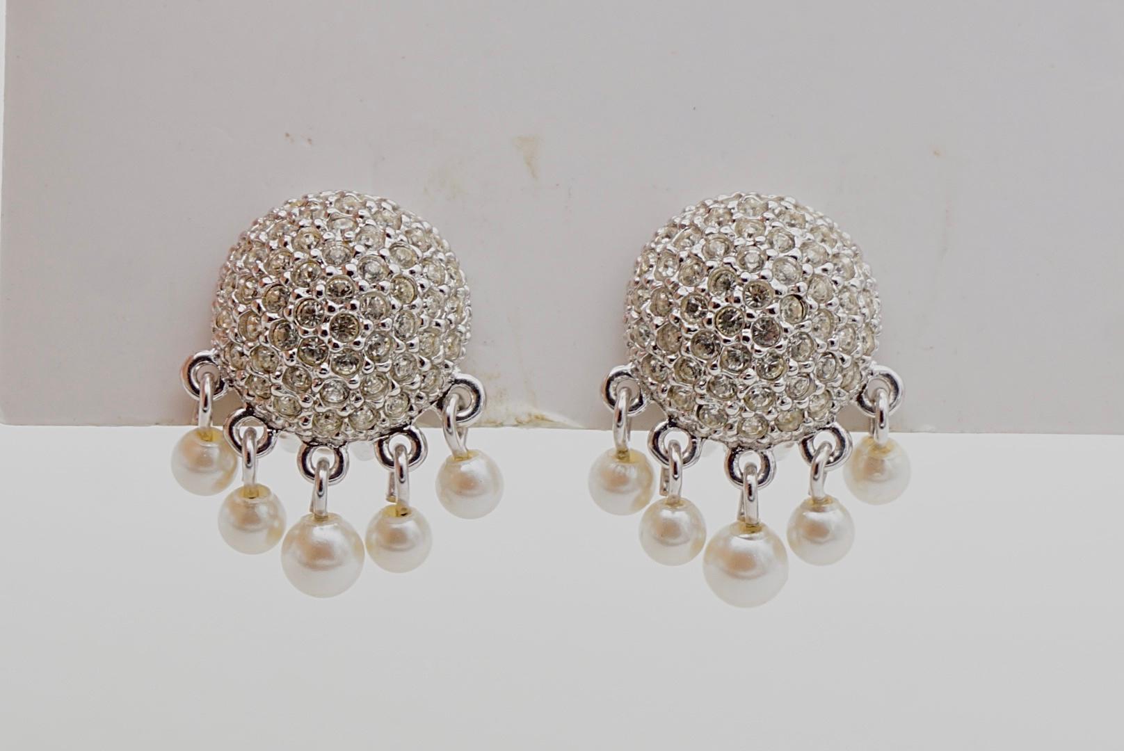 Christian Dior Vintage 1980s Whole Crystals Round Tassel Pearls Clip Earrings For Sale 3