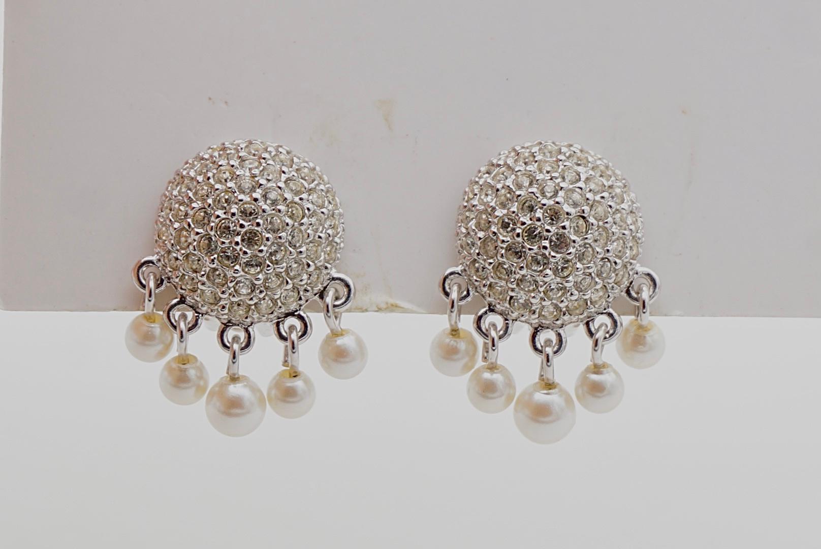 Christian Dior Vintage 1980s Whole Crystals Round Tassel Pearls Clip Earrings For Sale 4