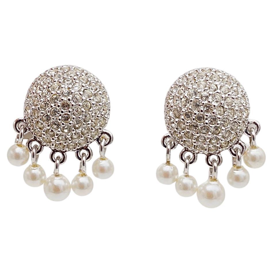 Christian Dior Vintage 1980s Whole Crystals Round Tassel Pearls Clip Earrings For Sale