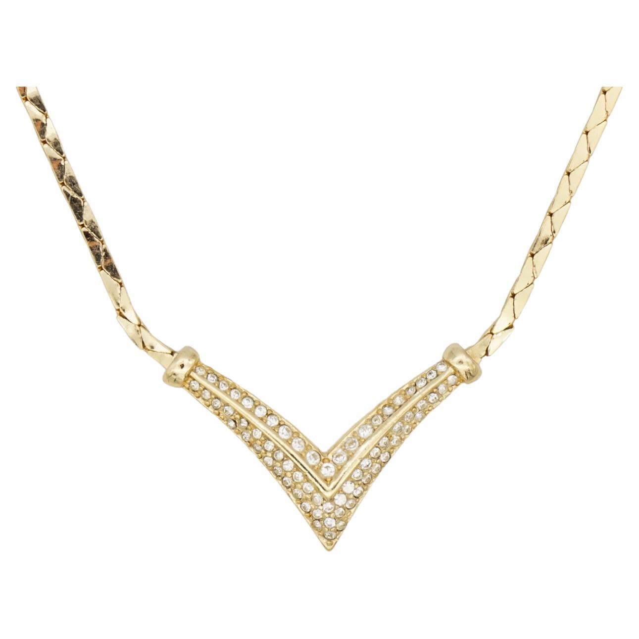 Christian Dior Vintage 1980s Whole Crystals Triangle Arrow Gold Pendant Necklace