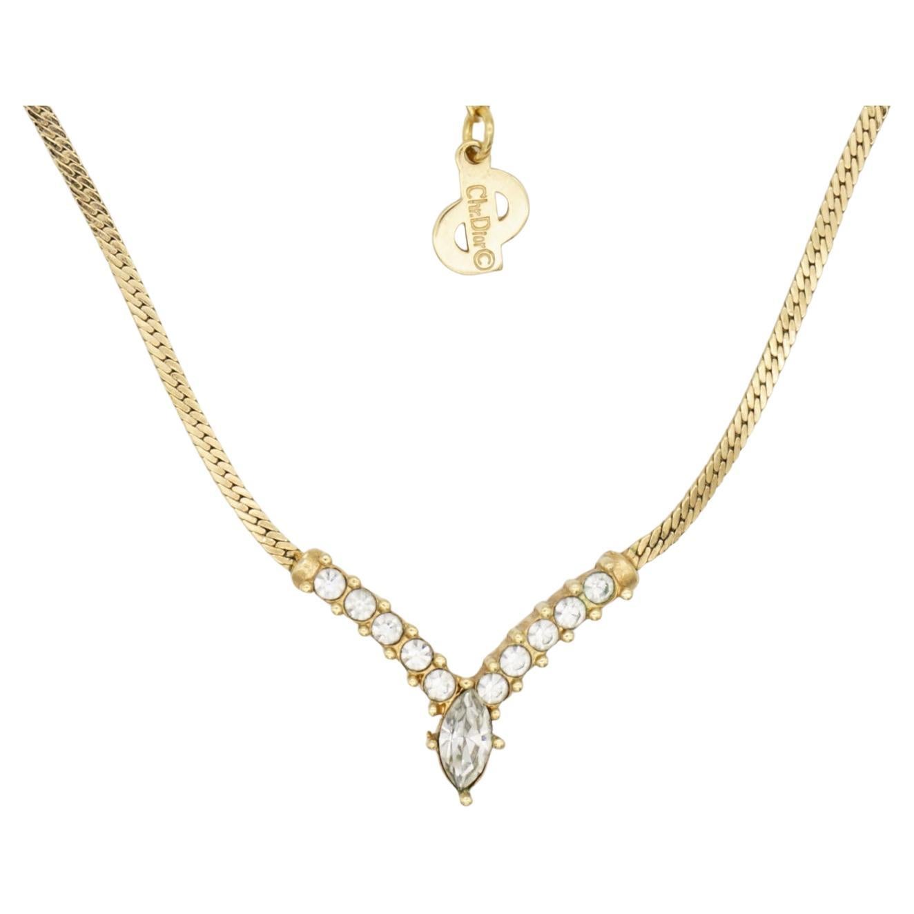 Christian Dior Vintage 1980s Whole Crystals Triangle V Pendant Chain Necklace