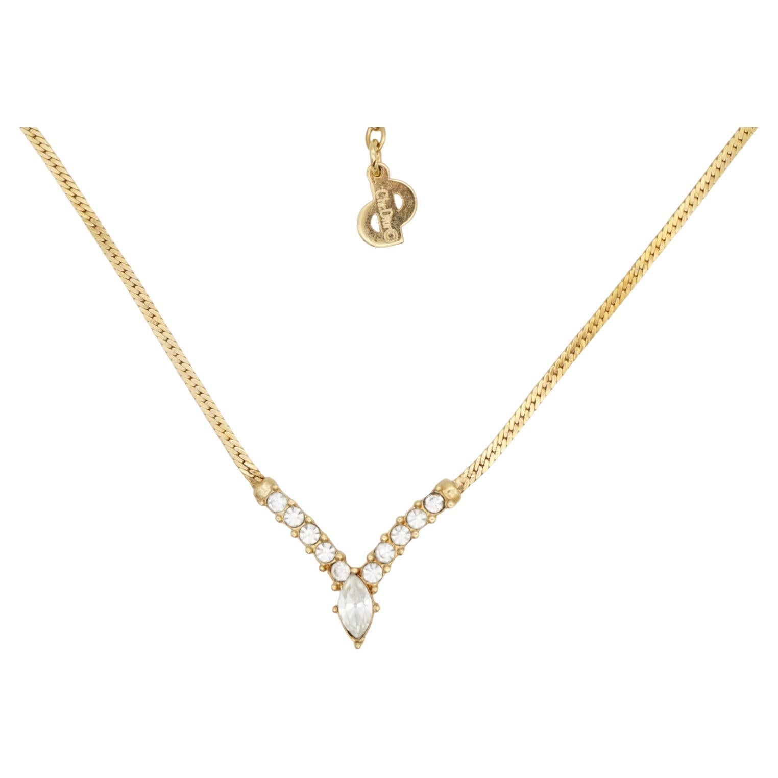 Christian Dior Vintage 1980s Whole Crystals Triangle V Pendant Chain Necklace