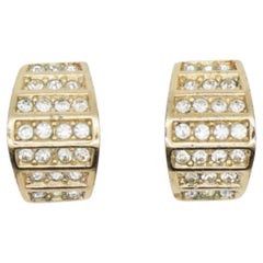 Christian Dior Vintage 1980s Whole Shining Half Dome Hoop Crystal Clip Earrings