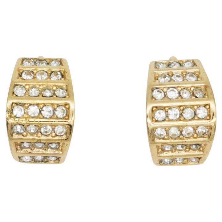 Christian Dior Vintage 1980s Whole Shining Half Dome Hoop Crystal Clip Earrings For Sale