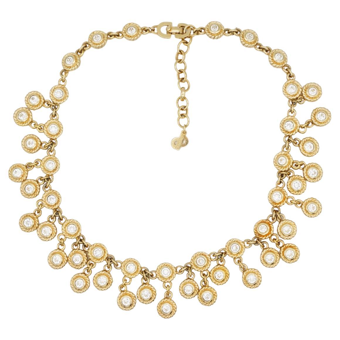 Christian Dior Vintage 1980s Whole Sparkling Round Circle Crystals Charm Peacock Eyes Double Layer Tassel Elegant Pendant Necklace, Gold Plated

Very good condition. Not any stones lost or colour loss. 100% Genuine. 

Marked 'Chr.Dior (C) '. Very