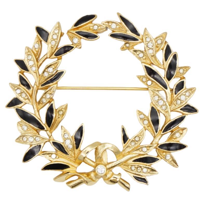 Christian Dior Vintage 1980s Wreath Crystal Black Enamel Flower Leaf Gold Brooch For Sale