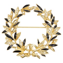 Christian Dior Vintage 1980s Wreath Crystal Black Enamel Flower Leaf Gold Brooch