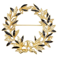 Christian Dior Vintage 1980s Wreath Crystal Black Enamel Flower Leaf Gold Brooch