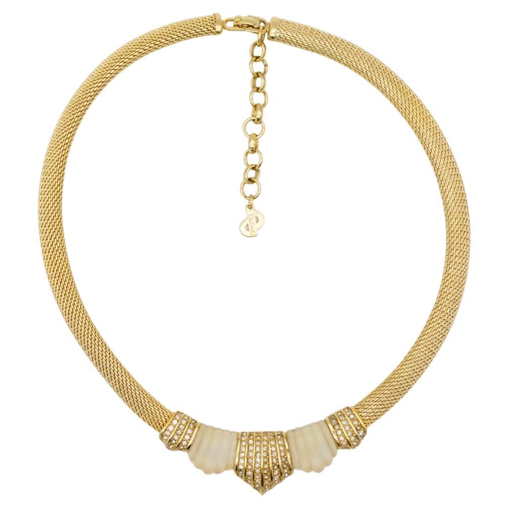 Christian Dior Vintage 1980 Matte White Shell Crystals Snake Omega Gold Necklace For Sale
