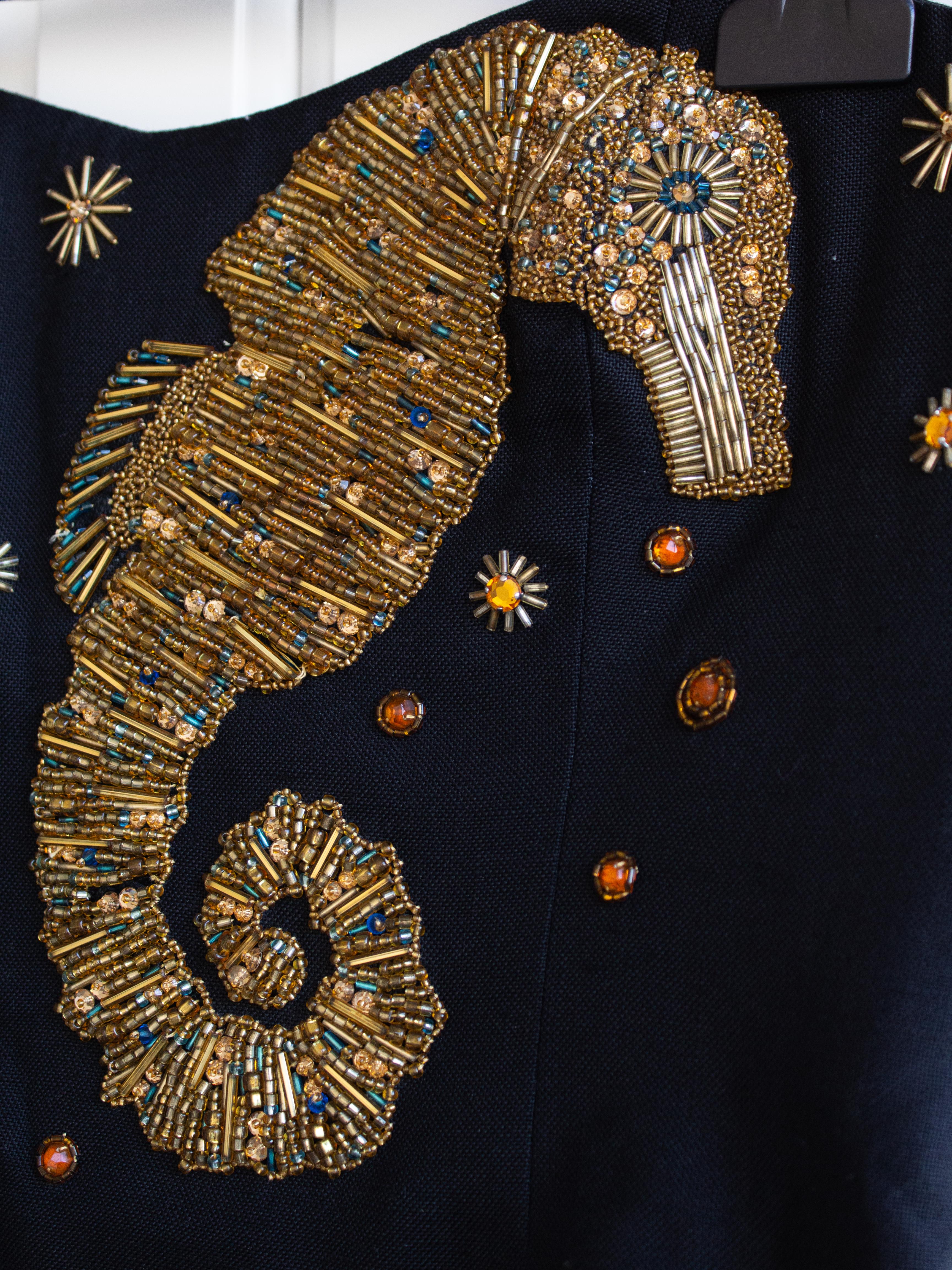 Christian Dior Vintage 1989 Midnight Blue Gold Embellished Seahorse Corset Top In Good Condition In Jersey City, NJ