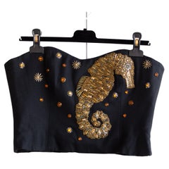 Christian Dior Retro 1989 Midnight Blue Gold Embellished Seahorse Corset Top