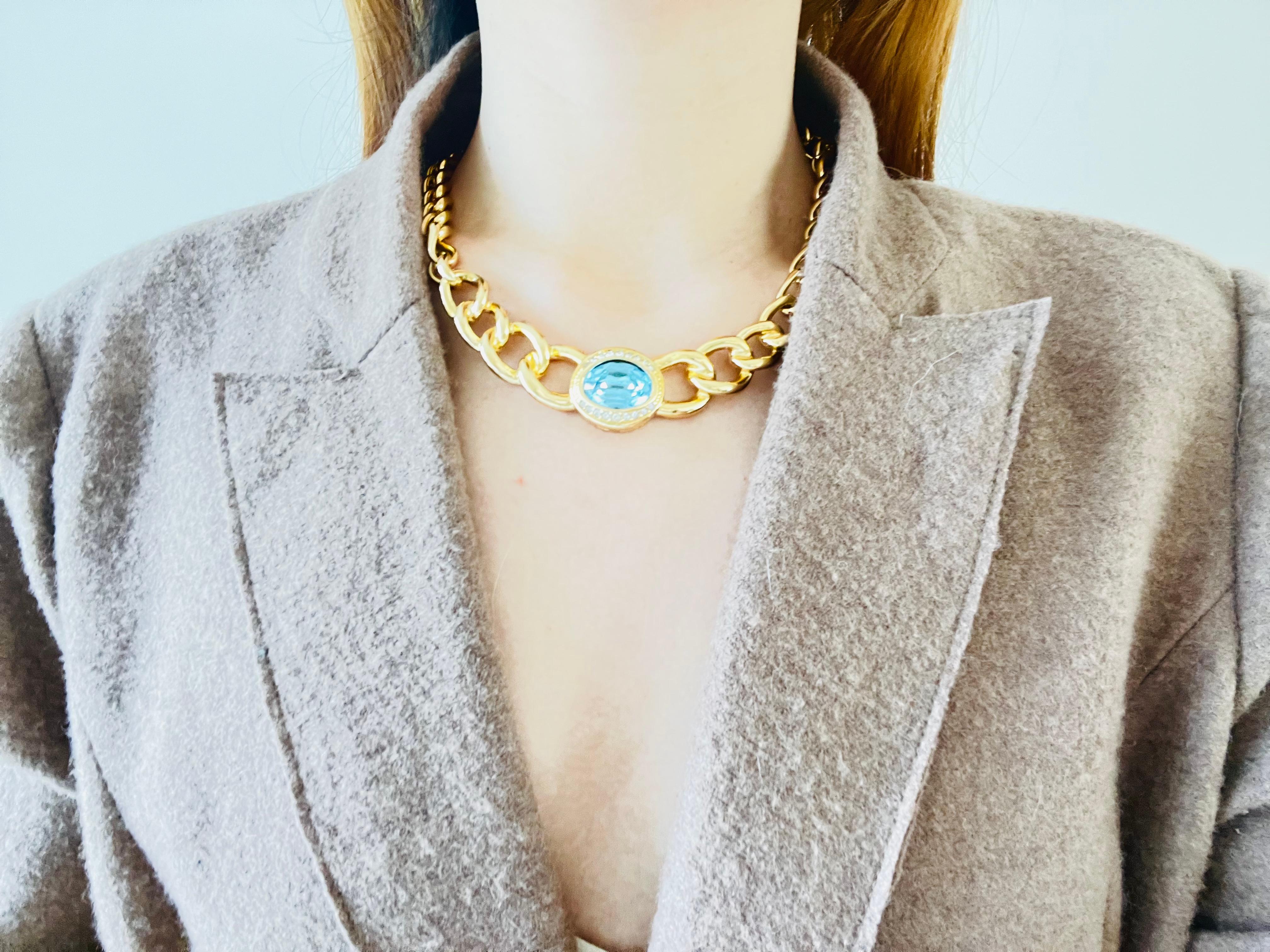 Christian Dior Vintage 1990s Aqua Blue Oval Crystal Chunky Gold Choker Necklace  In Excellent Condition For Sale In Wokingham, England