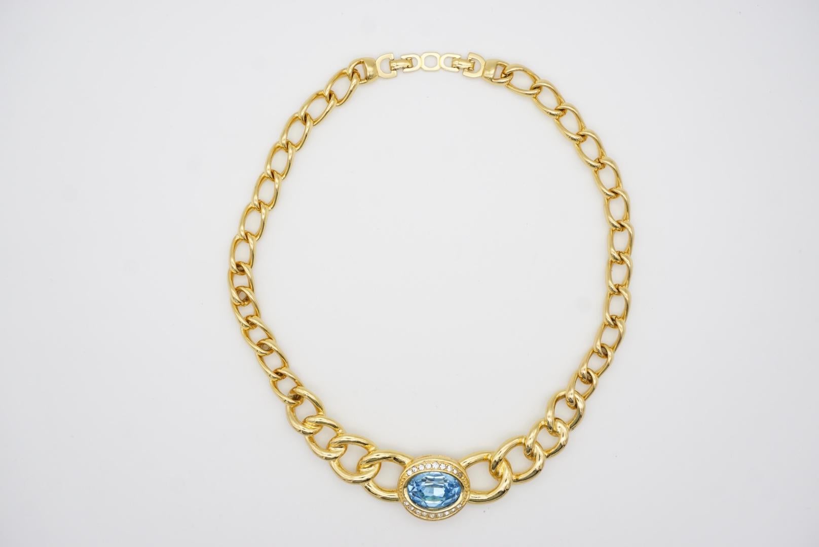 Christian Dior Vintage 1990s Aqua Blue Oval Crystal Chunky Gold Choker Necklace  For Sale 1