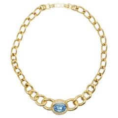 Christian Dior Vintage 1990s Aqua Blue Oval Crystal Chunky Gold Choker Necklace 