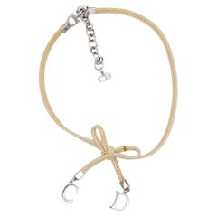 Christian Dior Vintage 1990 CD Logo Cuir Bow Tie Beige Charm Choker Necklace
