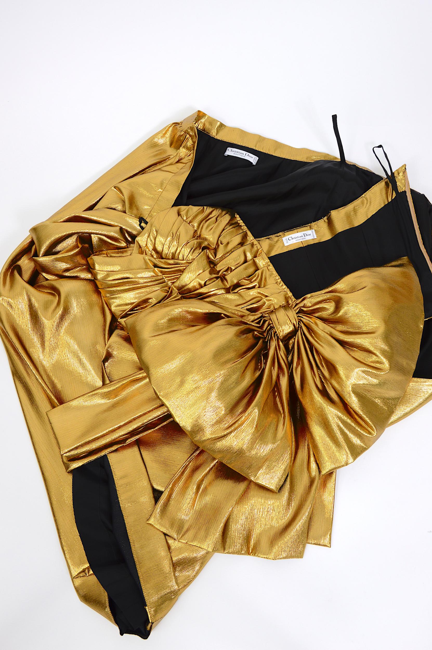 Christian Dior vintage 1990s liquid gold silk lame draped bustier & skirt set 1
