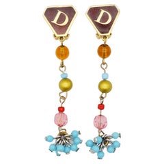 Christian Dior Vintage 1990 Logo D Bleu Jaune Rose Long Tassel Clips Earrings