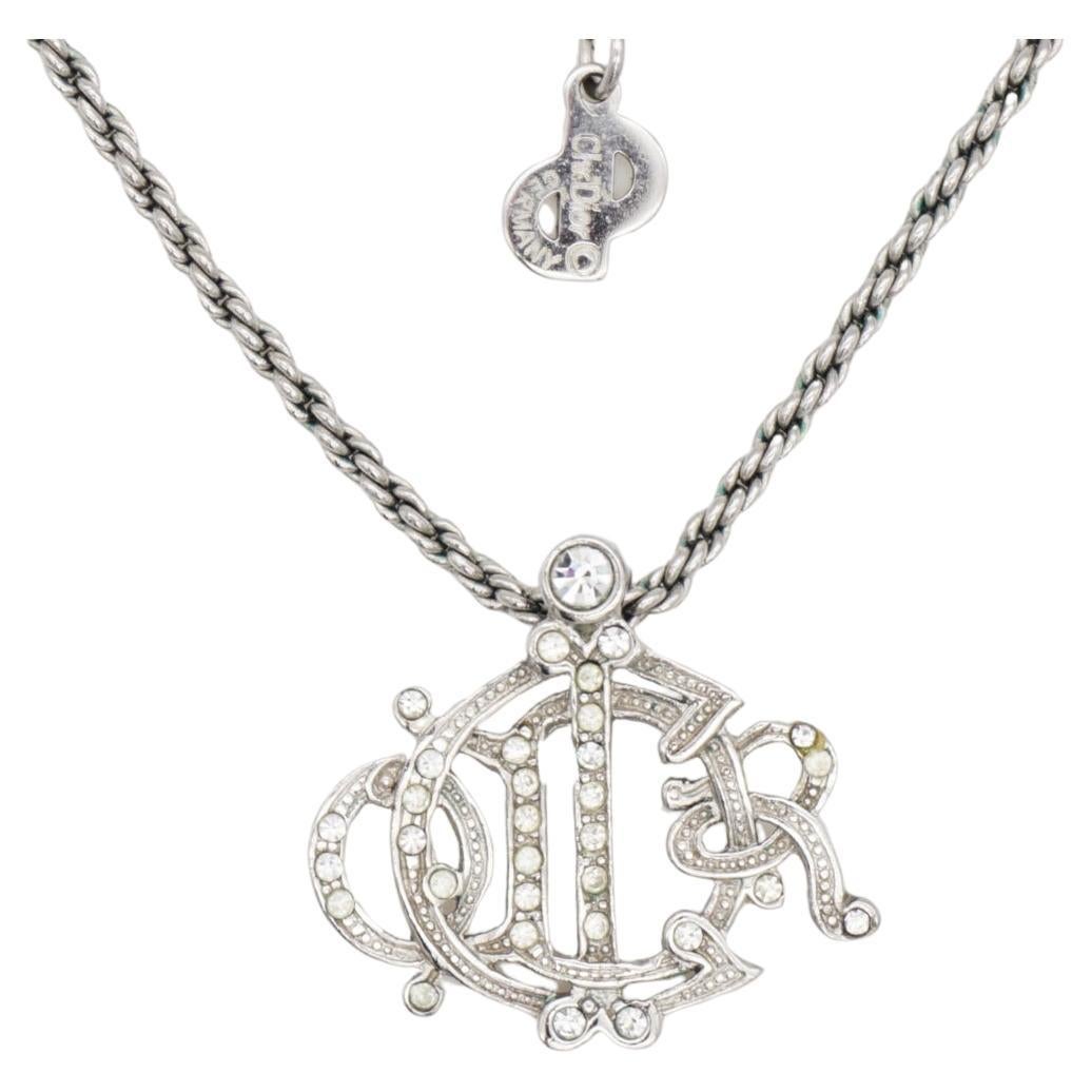 Christian Dior Vintage 1990s Logo Insignia Crystals Monogram Pendant Necklace For Sale