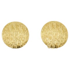 Christian Dior Vintage 1990s Logo Monogram Button Round Circle Clip Earrings