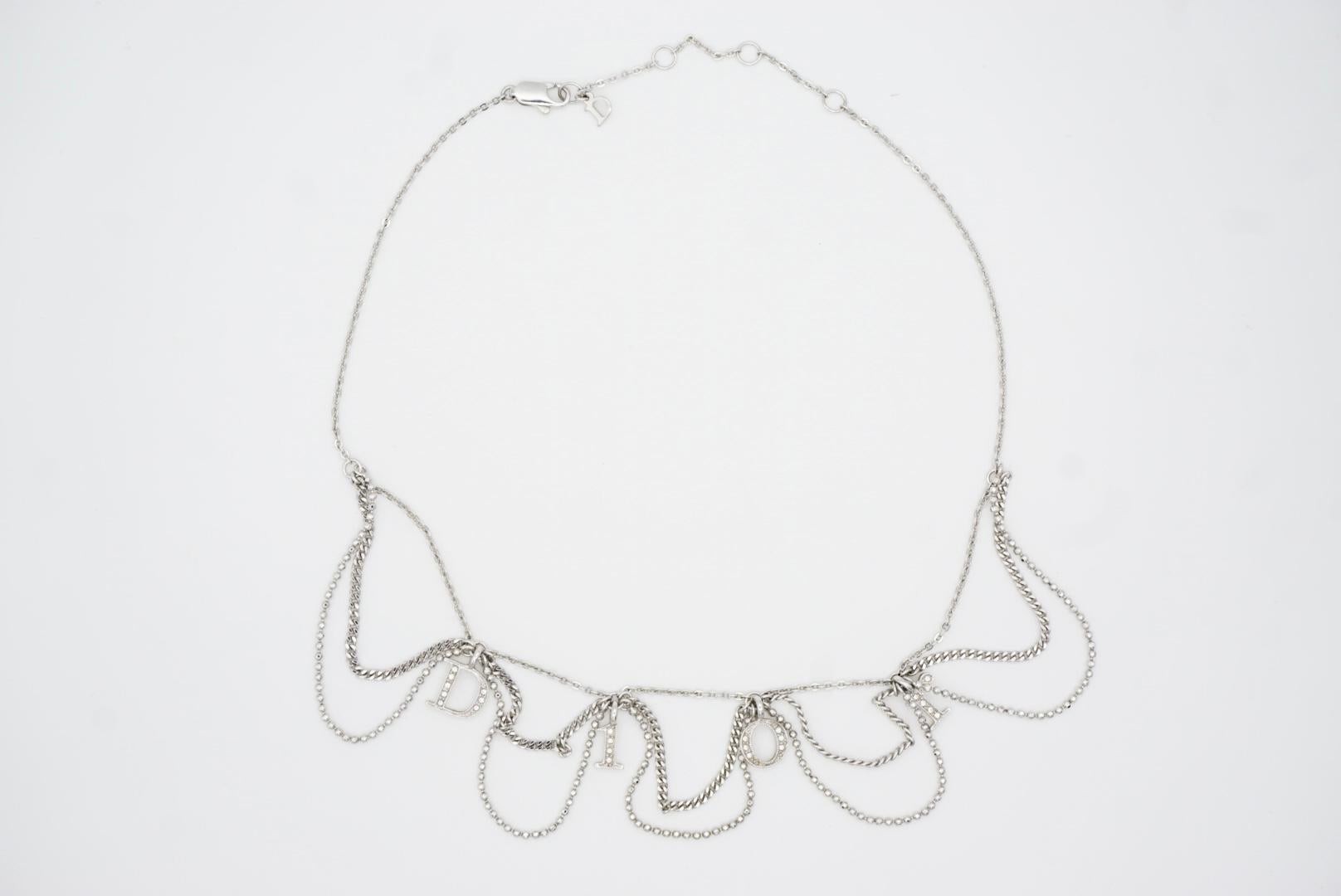Christian Dior Vintage 1990s Logo Monogram Crystals Trio Tassel Silver Necklace 5