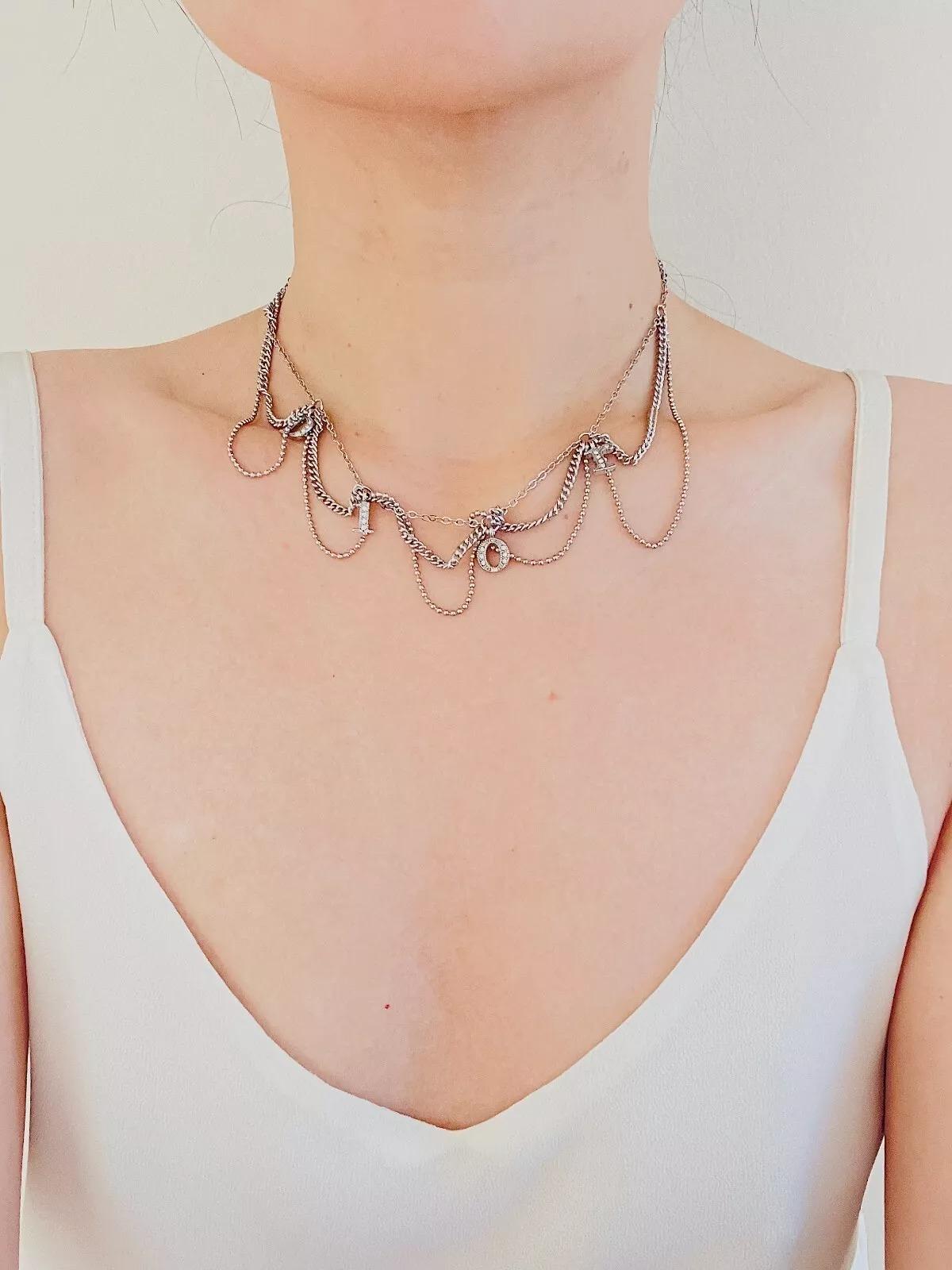 Christian Dior Vintage 1990s Logo Monogram Crystals Trio Tassel Silver Necklace For Sale 5