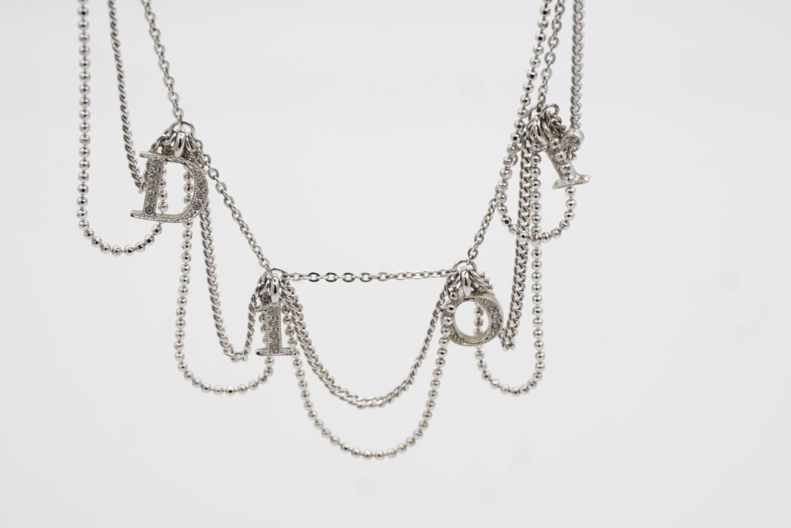 Christian Dior Vintage 1990s Logo Monogram Crystals Trio Tassel Silver Necklace For Sale 10