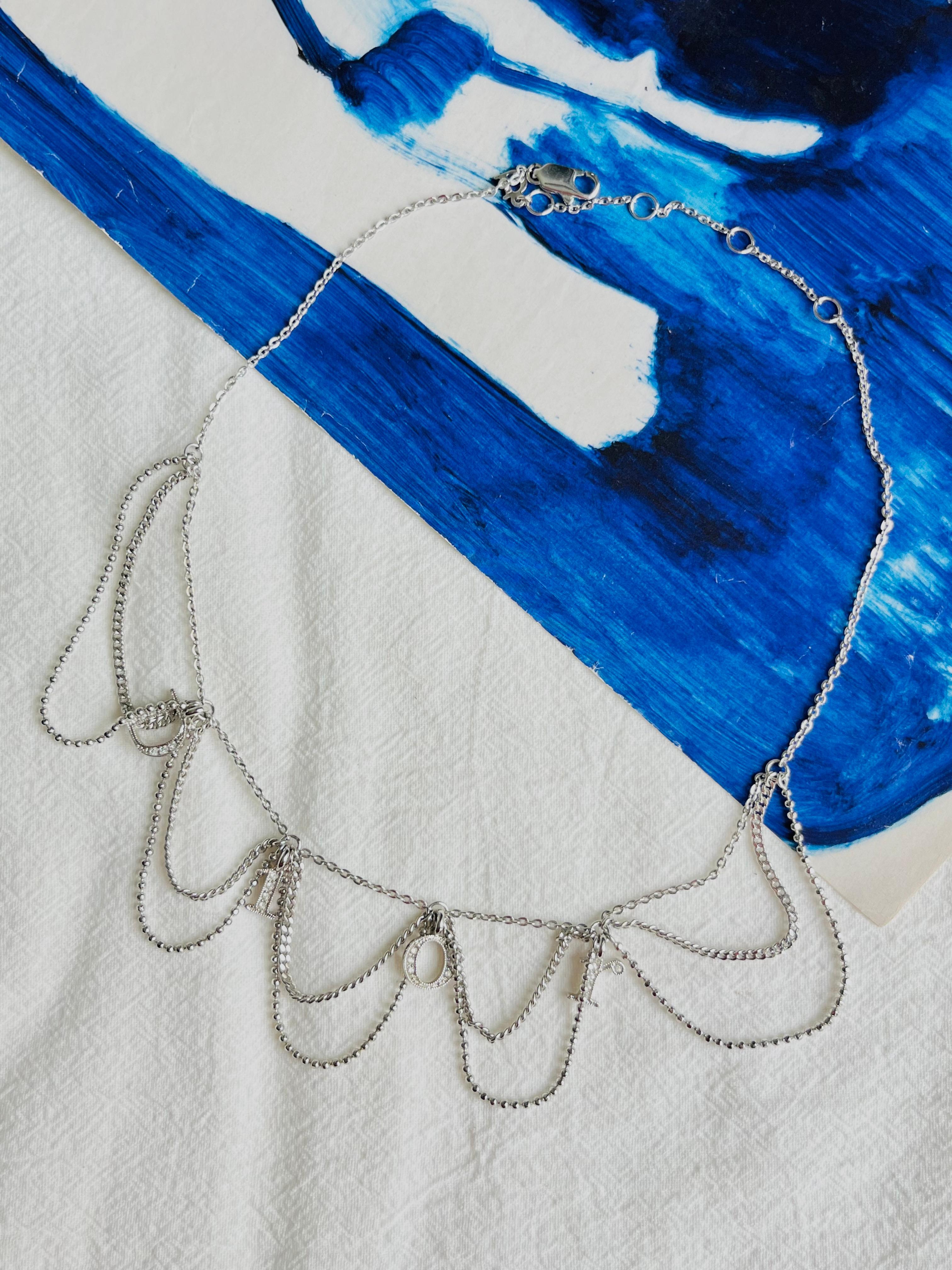Art Deco Christian Dior Vintage 1990s Logo Monogram Crystals Trio Tassel Silver Necklace For Sale