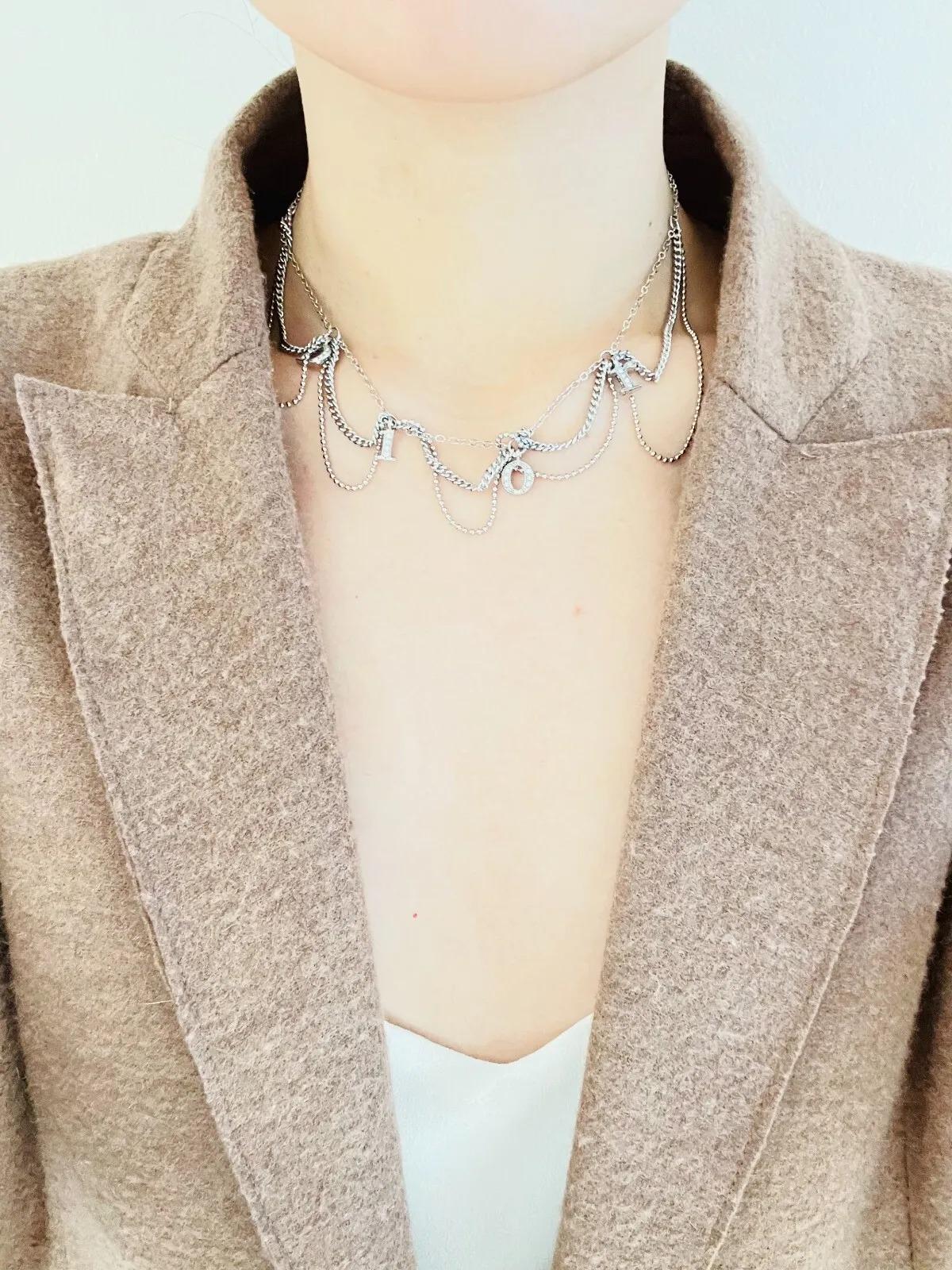 Christian Dior Vintage 1990s Logo Monogram Crystals Trio Tassel Silver Necklace For Sale 1