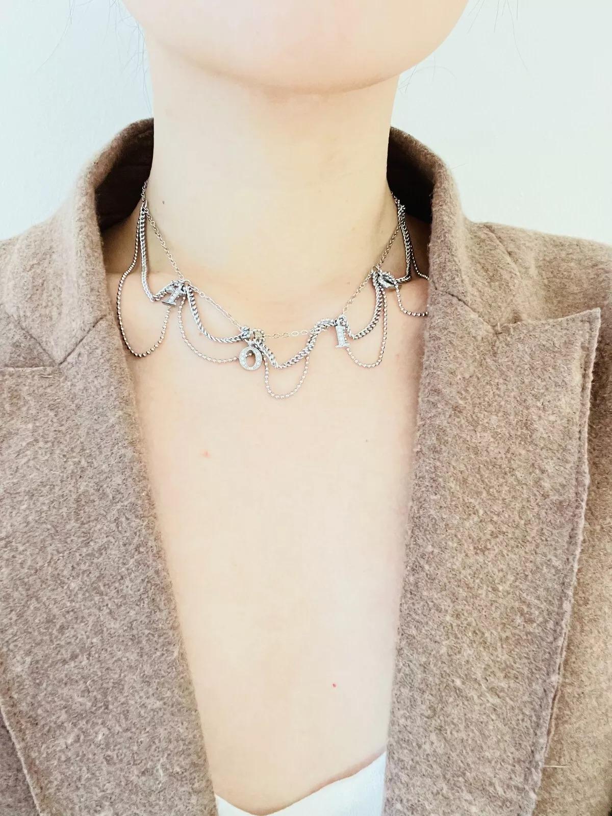 Christian Dior Vintage 1990s Logo Monogram Crystals Trio Tassel Silver Necklace For Sale 4