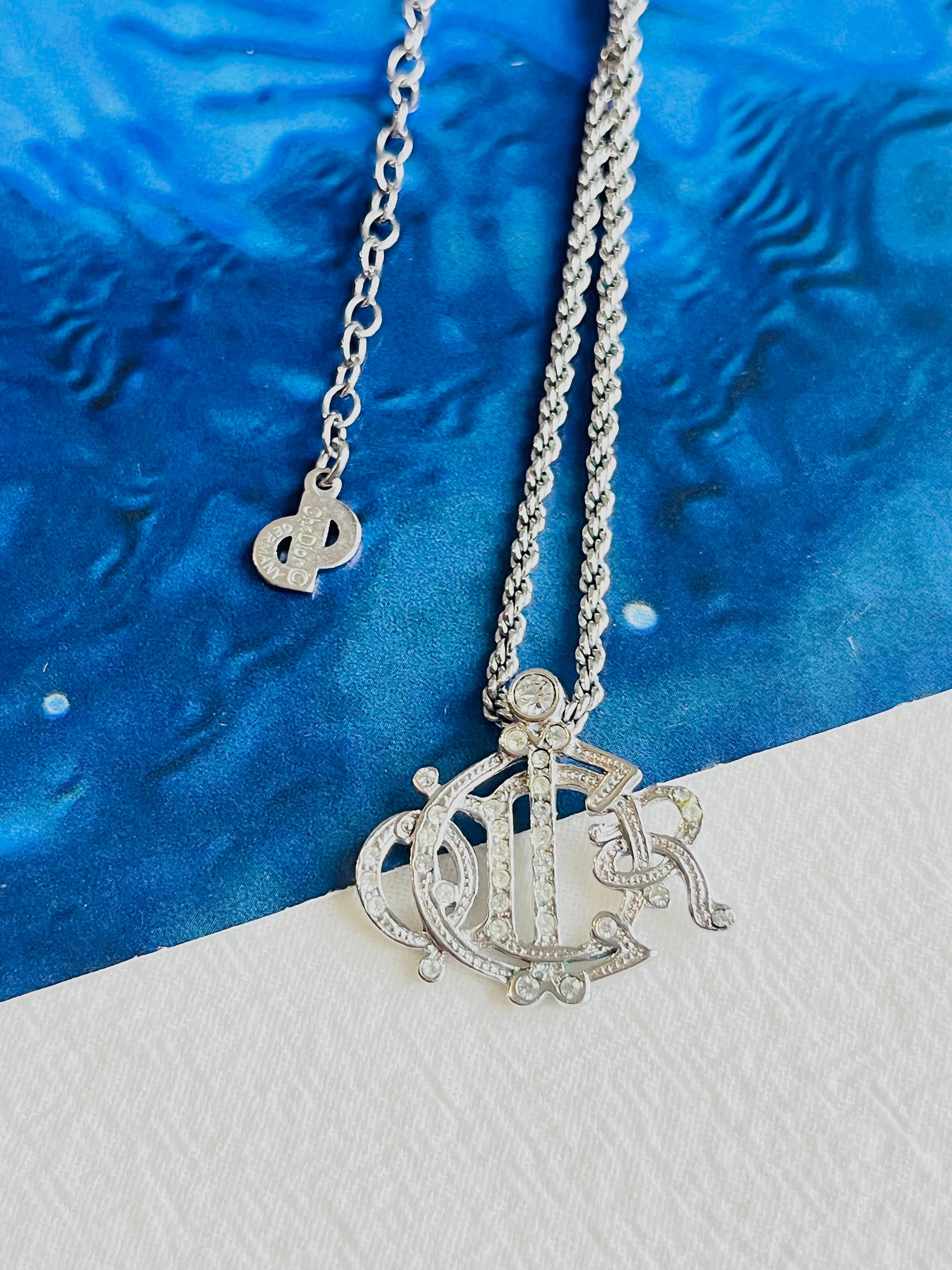 Art Deco Christian Dior Vintage 1990s Logo Monogram Insignia Crystals Pendant Necklace For Sale