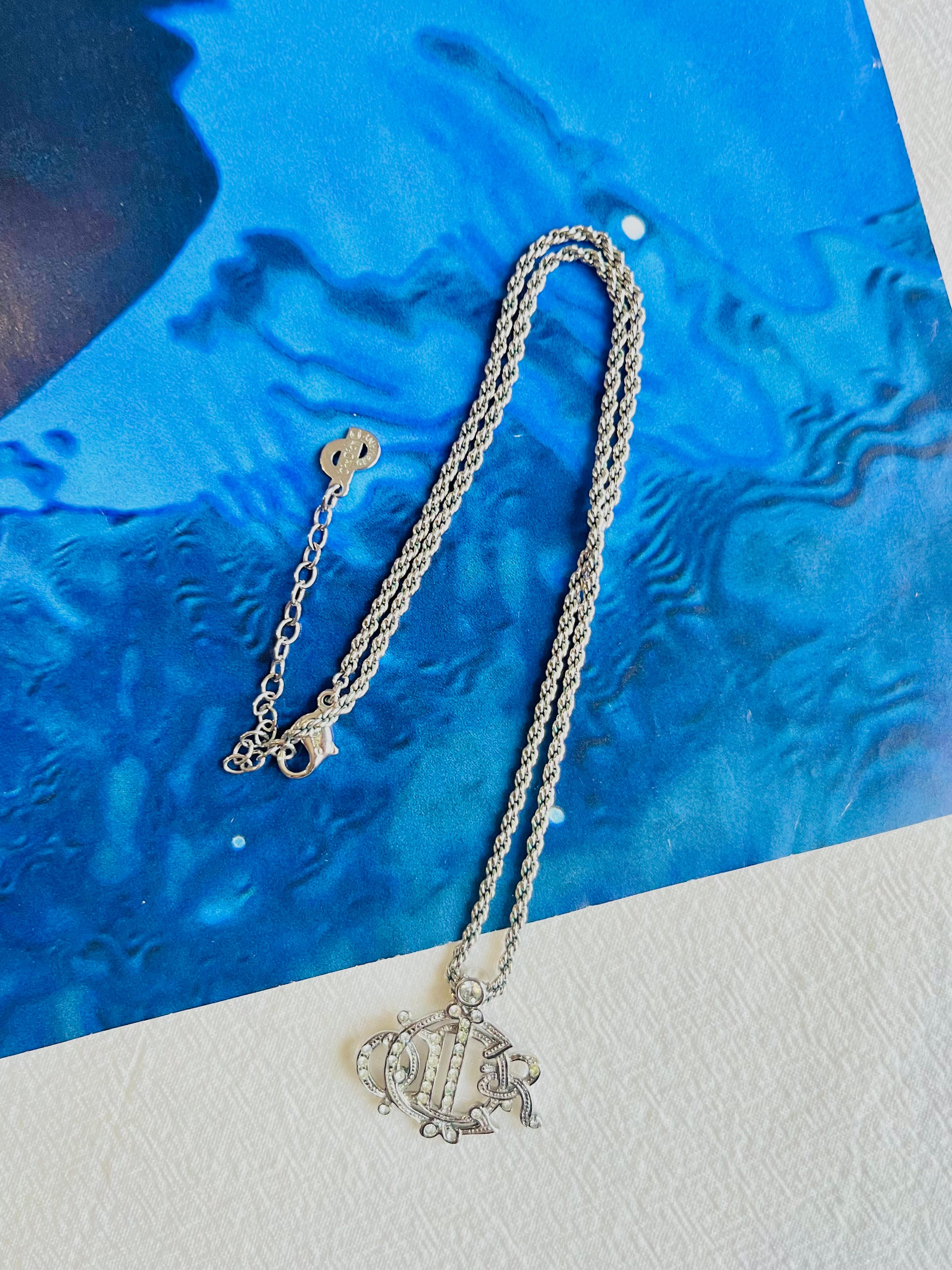 Christian Dior Vintage 1990s Logo Monogram Insignia Crystals Pendant Necklace In Excellent Condition For Sale In Wokingham, England