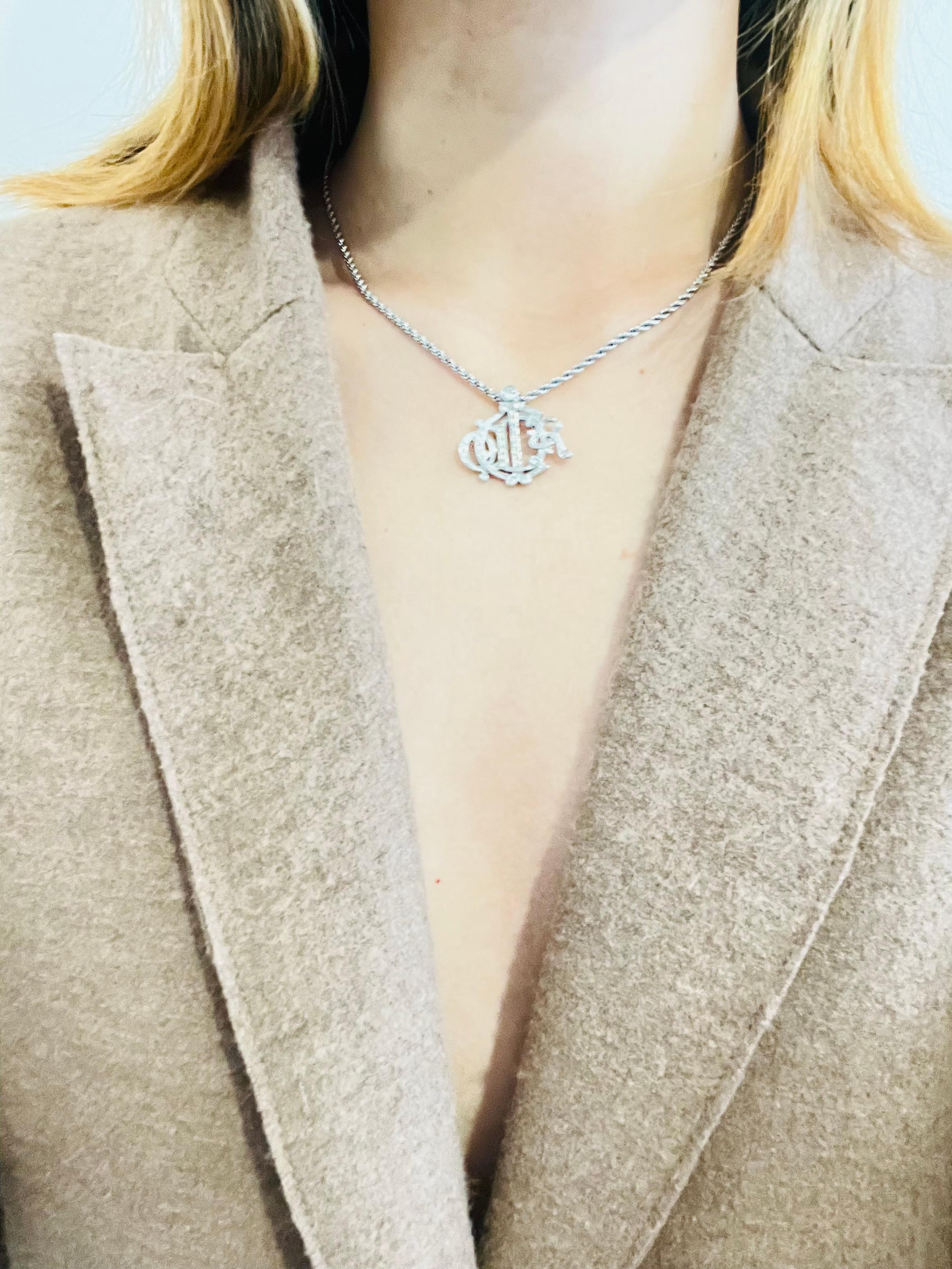 Christian Dior Vintage 1990s Logo Monogram Insignia Crystals Pendant Necklace For Sale 1