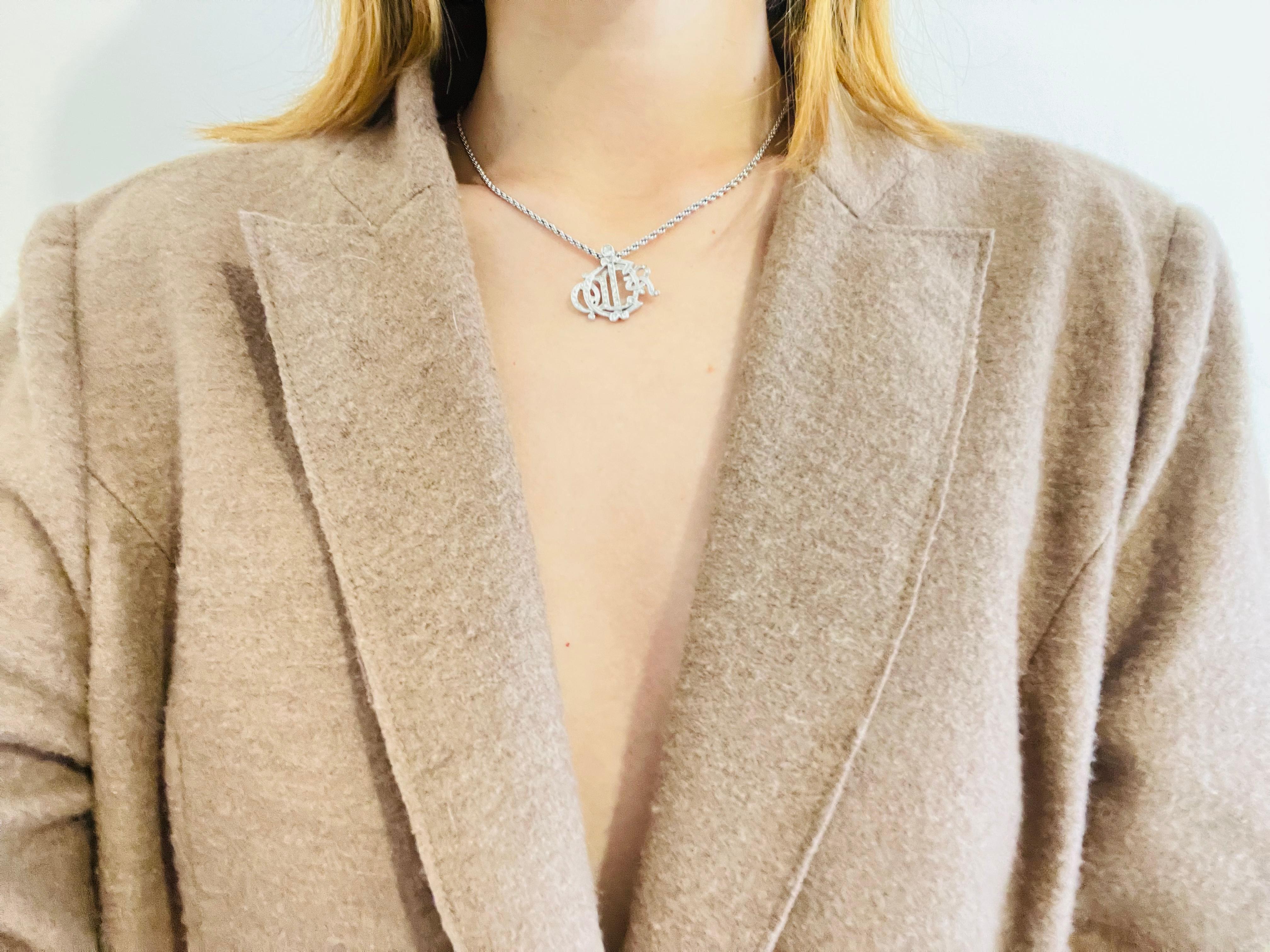 Christian Dior Vintage 1990s Logo Monogram Insignia Crystals Pendant Necklace For Sale 2