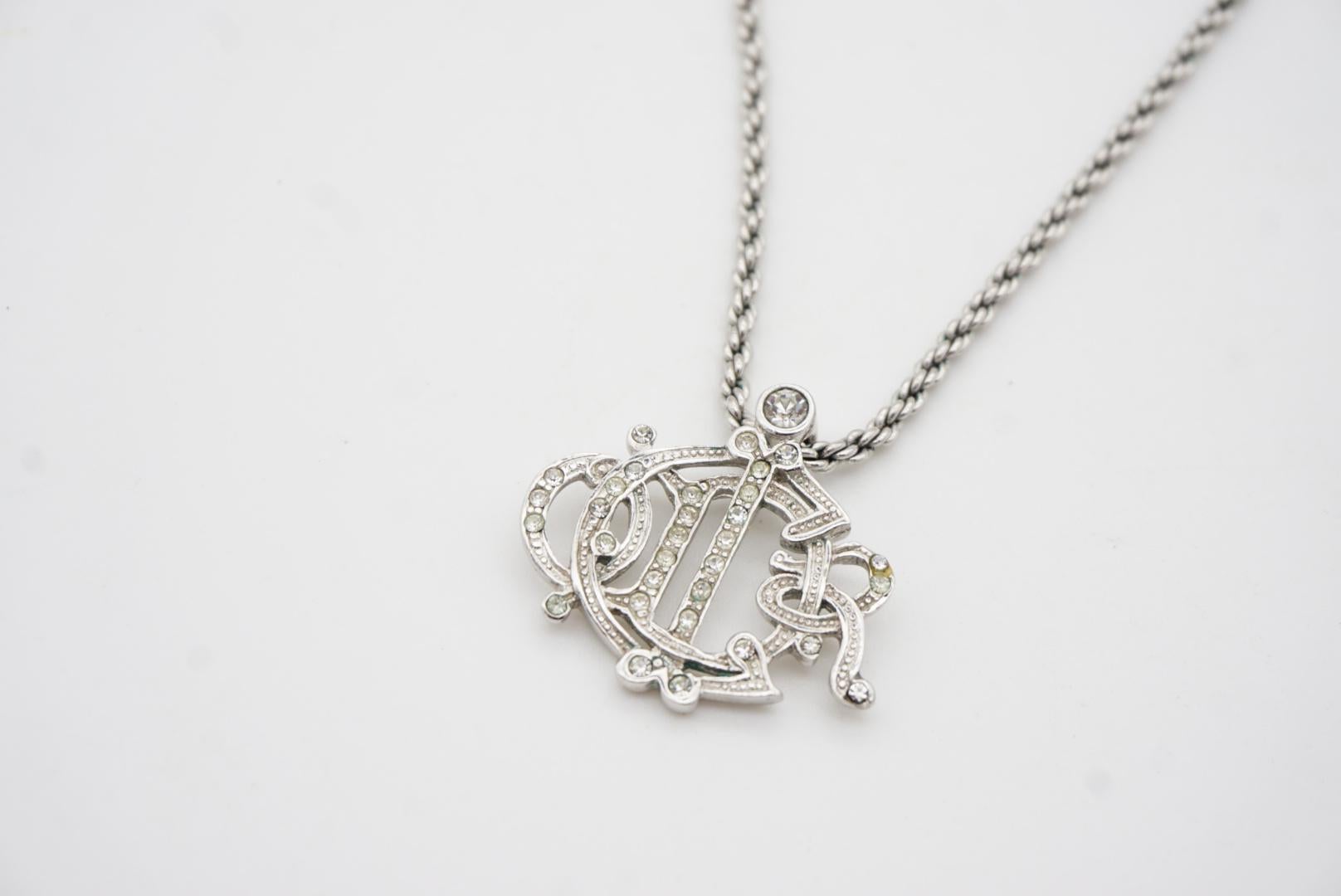Christian Dior Vintage 1990s Logo Monogram Insignia Crystals Pendant Necklace For Sale 3