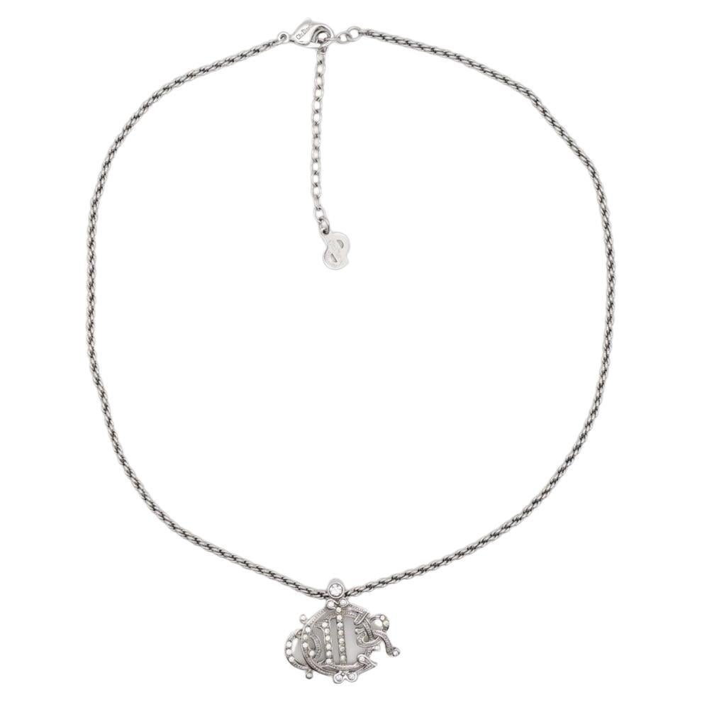Christian Dior Vintage 1990s Logo Monogram Insignia Crystals Pendant Necklace For Sale