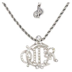 Christian Dior Vintage 1990s Logo Monogram Insignia Crystals Pendant Necklace