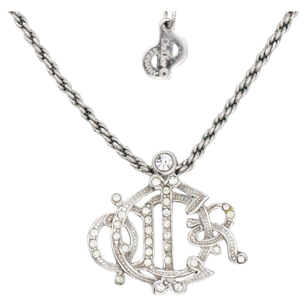 Christian Dior Vintage 1990s Logo Monogram Insignia Crystals Pendant Necklace For Sale